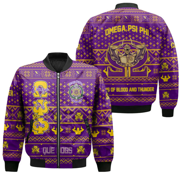 Personalized Omega Psi Phi Christmas Purple Bomber Jackets Omega Man And Handsign Style