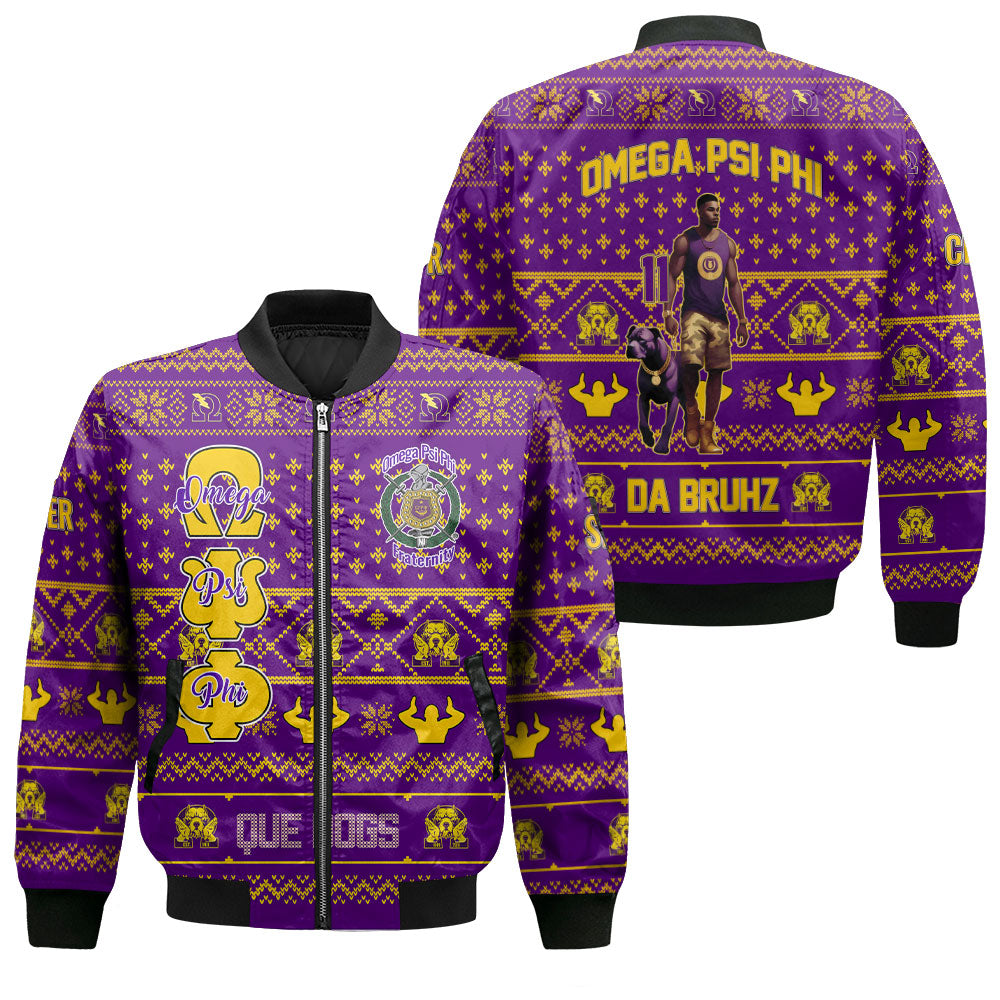 Personalized Omega Psi Phi Christmas Purple Bomber Jackets Omega Man And His Bulldog Style