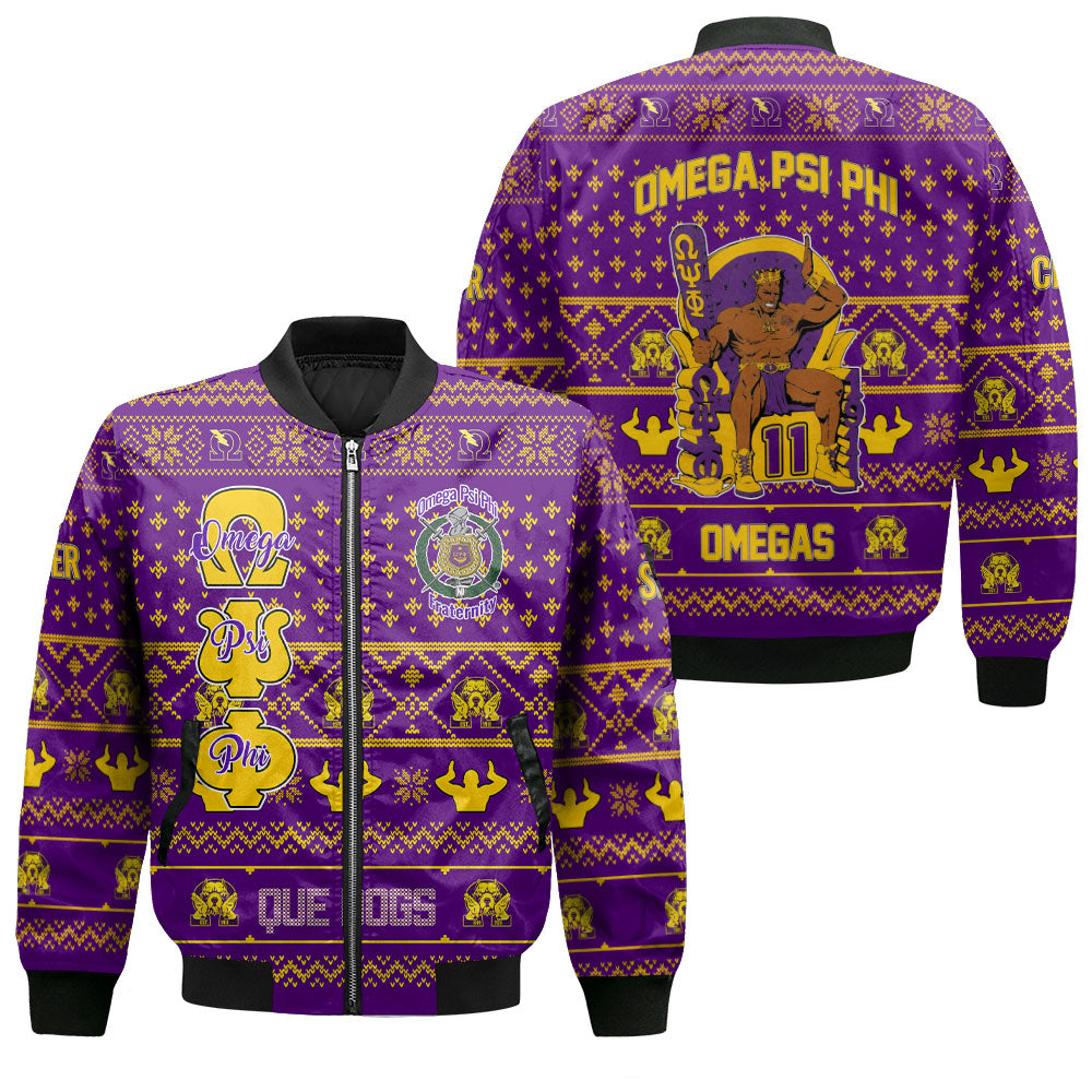 Personalized Omega Psi Phi Christmas Purple Bomber Jackets Omega Throne Style