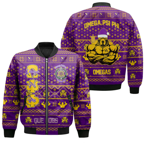 Personalized Omega Psi Phi Christmas Purple Bomber Jackets Strong Omega Bulldog Style