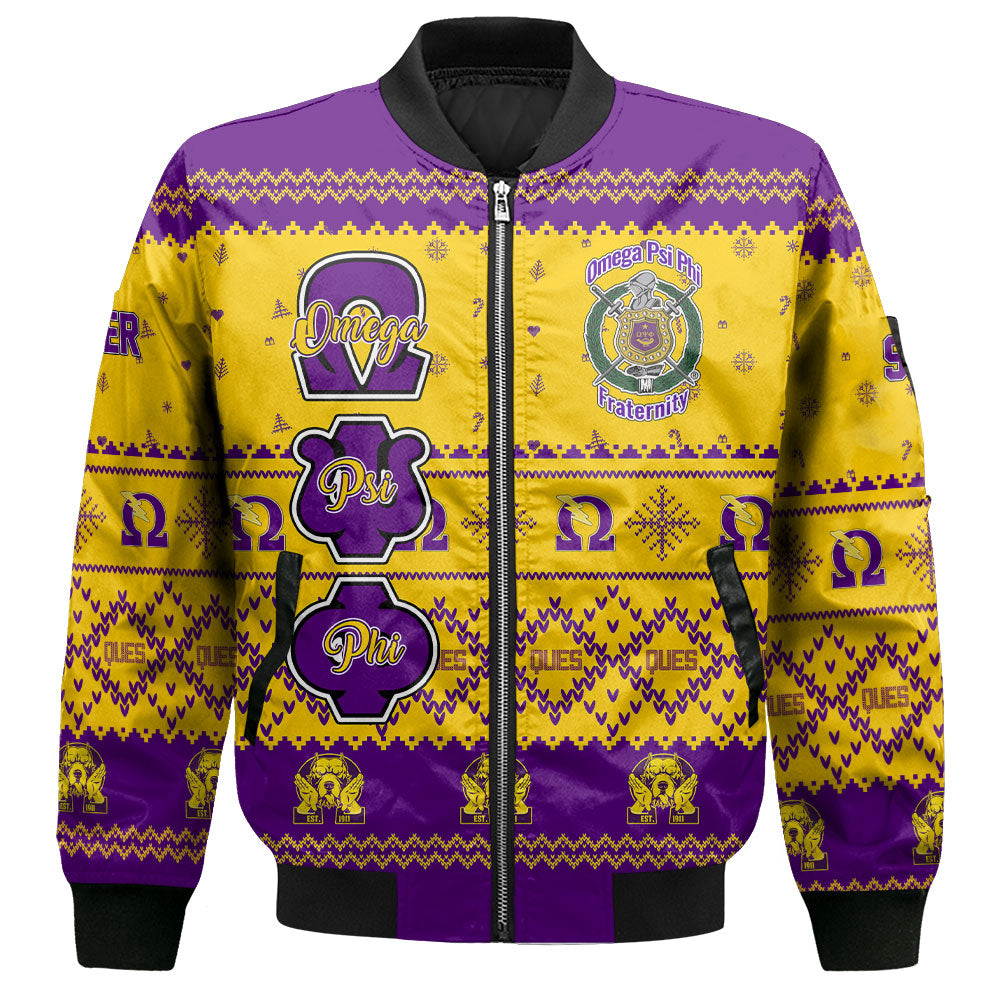 Personalized Omega Psi Phi ChristmasGolden Bomber Jackets Omega Atomic Bulldog Style