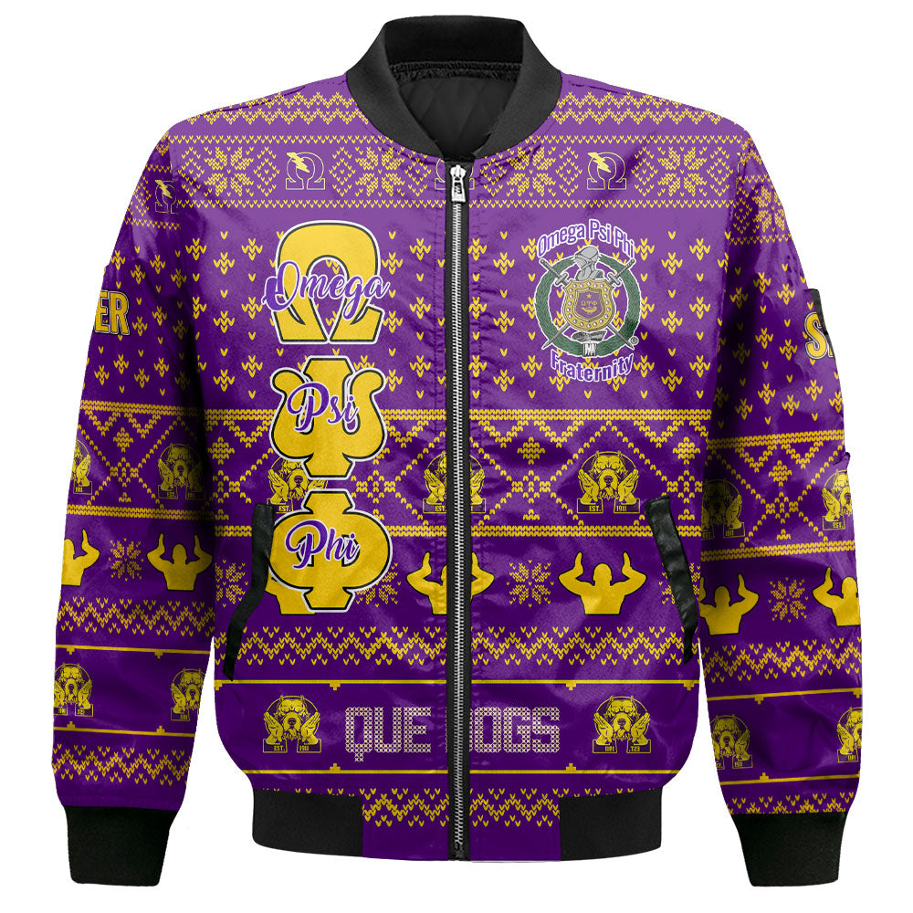 Personalized Omega Psi Phi Christmas Purple Bomber Jackets 1911 Que Dogs Style