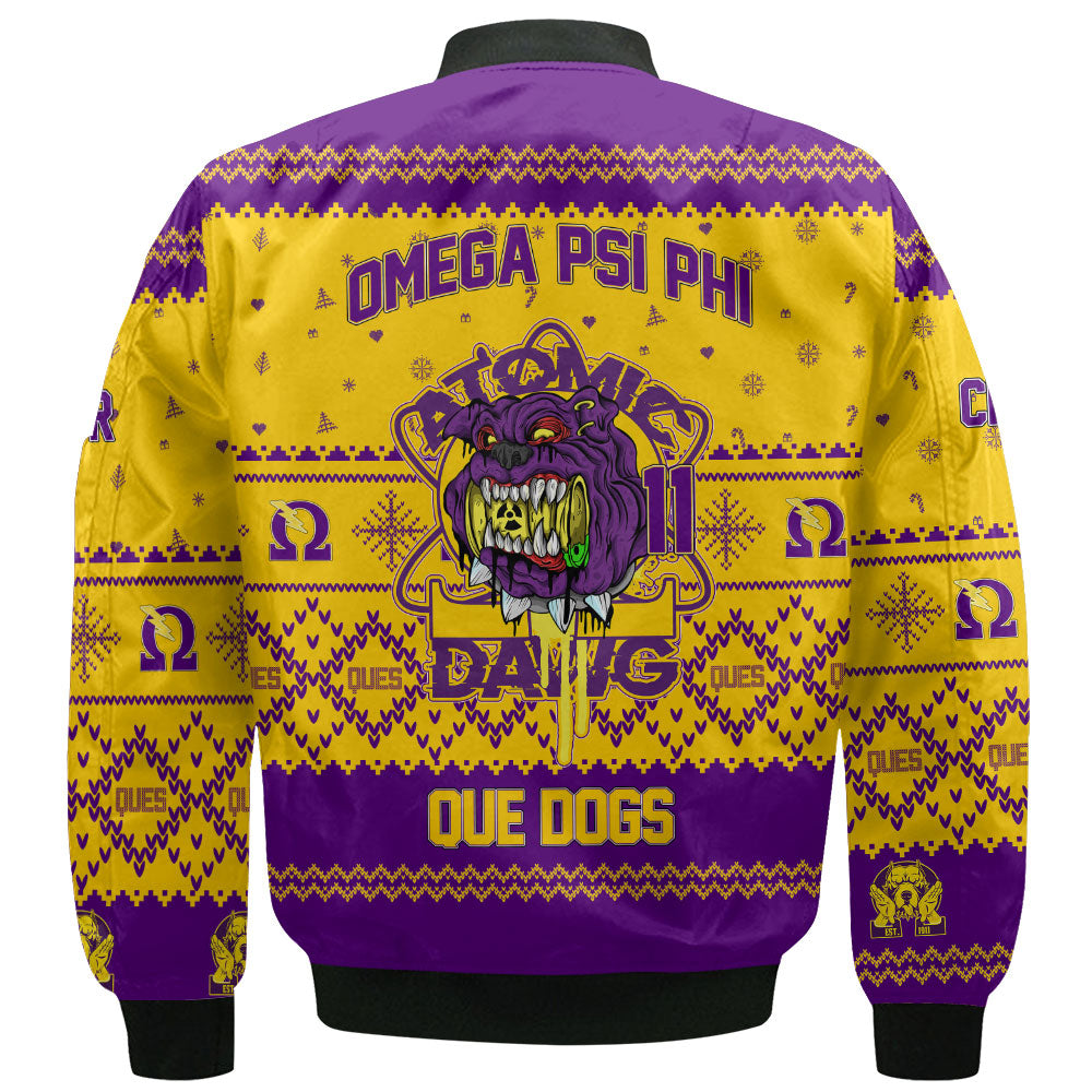 Personalized Omega Psi Phi ChristmasGolden Bomber Jackets The Omega Atomic Dawg Style