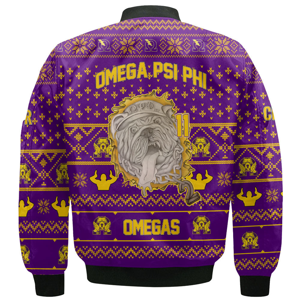 Personalized Omega Psi Phi Christmas Purple Bomber Jackets 1911 Que Dogs Style