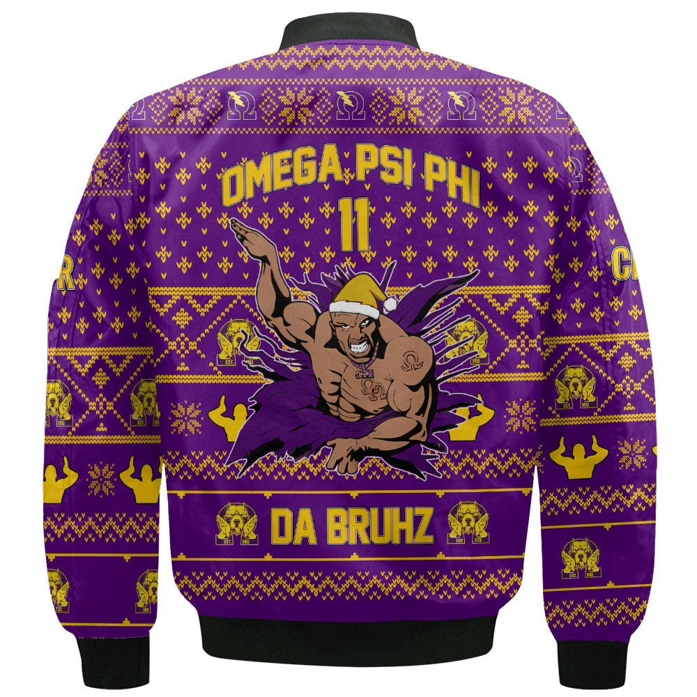 Personalized Omega Psi Phi Christmas Purple Bomber Jackets Break The Wall Da Bruhz Style