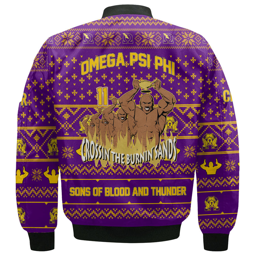 Personalized Omega Psi Phi Christmas Purple Bomber Jackets Crossin The Burnin Sand Omega Style