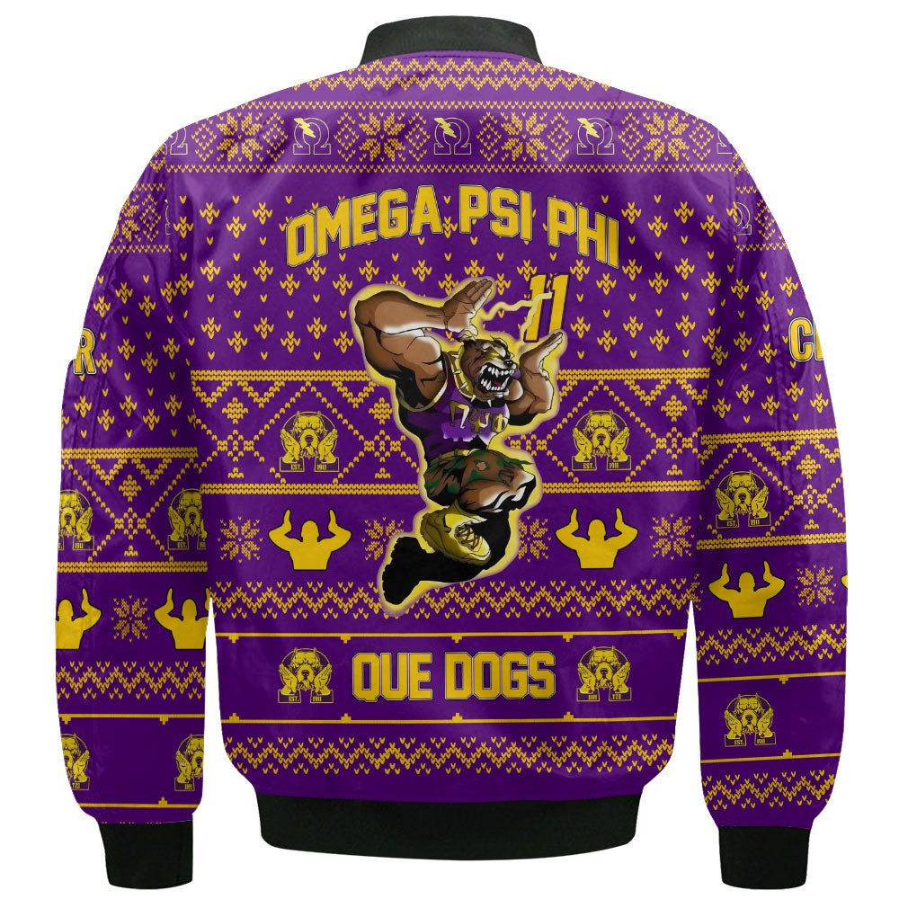 Personalized Omega Psi Phi Christmas Purple Bomber Jackets Military Que Bulldog Style