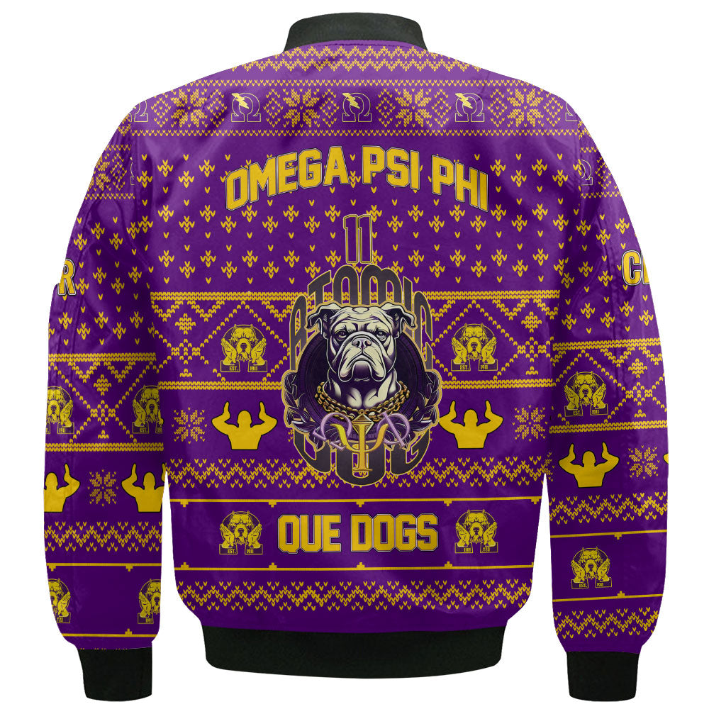 Personalized Omega Psi Phi Christmas Purple Bomber Jackets Omega Atomic Bulldog Style