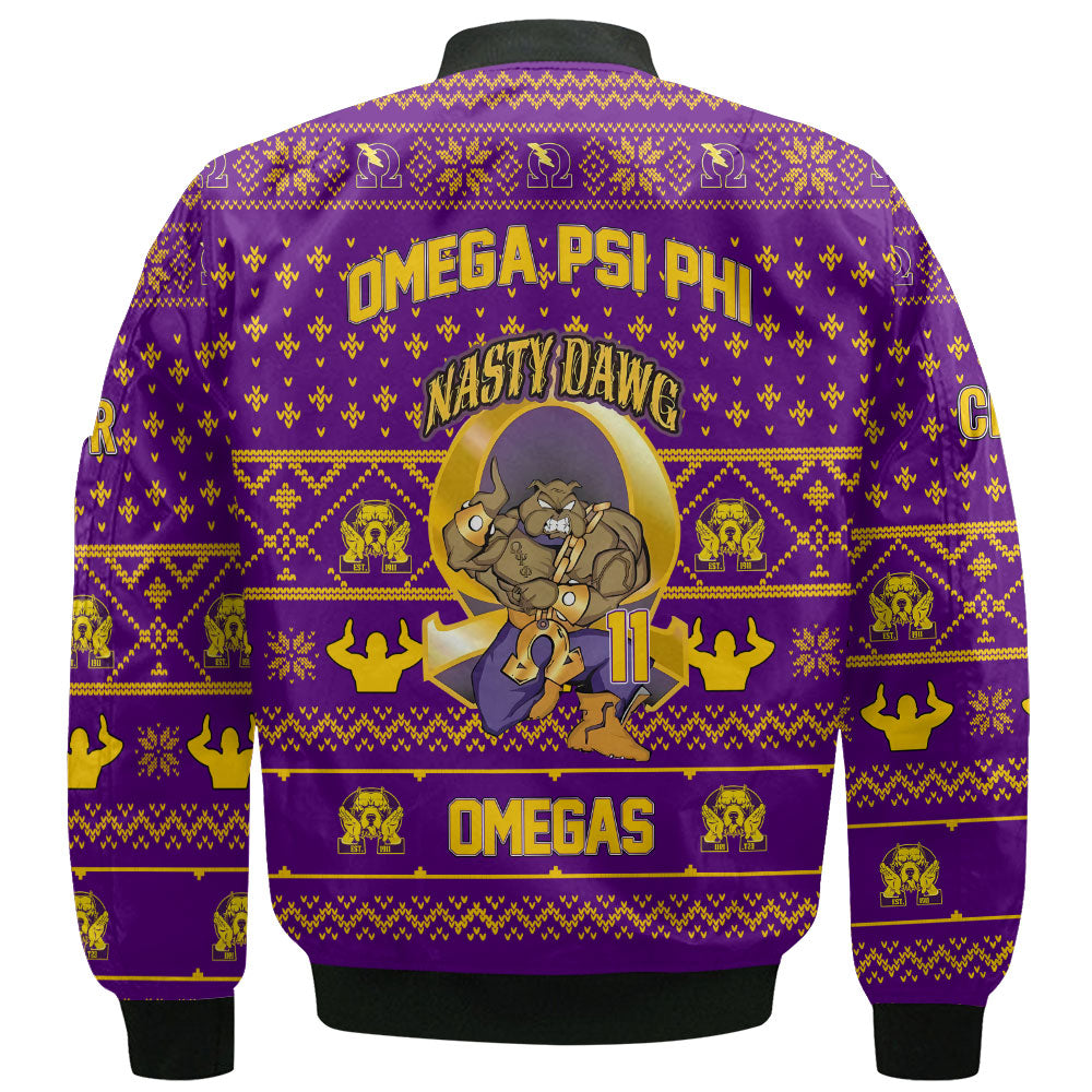 Personalized Omega Psi Phi Christmas Purple Bomber Jackets Omega Bulldog Nasty Dawg Style