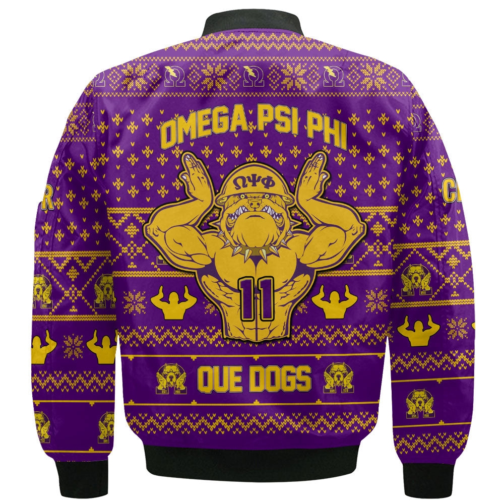 Personalized Omega Psi Phi Christmas Purple Bomber Jackets Omega Bulldog Style