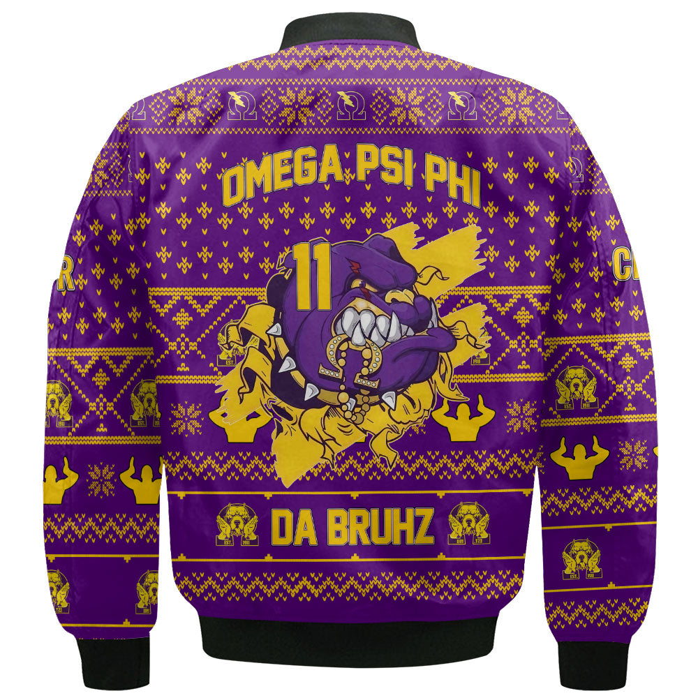 Personalized Omega Psi Phi Christmas Purple Bomber Jackets Omega Bulldog Ver 2 Style