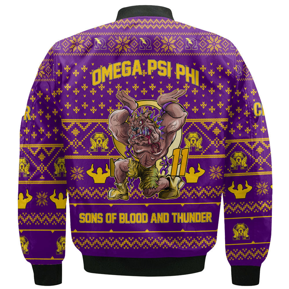 Personalized Omega Psi Phi Christmas Purple Bomber Jackets Omega Handsign Bulldog Style