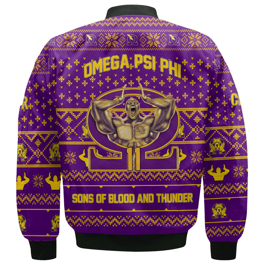 Personalized Omega Psi Phi Christmas Purple Bomber Jackets Omega Man And Handsign Style