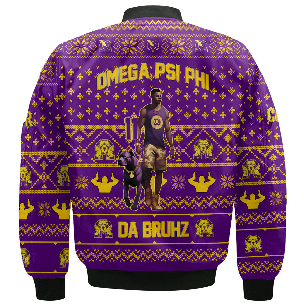 Personalized Omega Psi Phi Christmas Purple Bomber Jackets Omega Man And His Bulldog Style