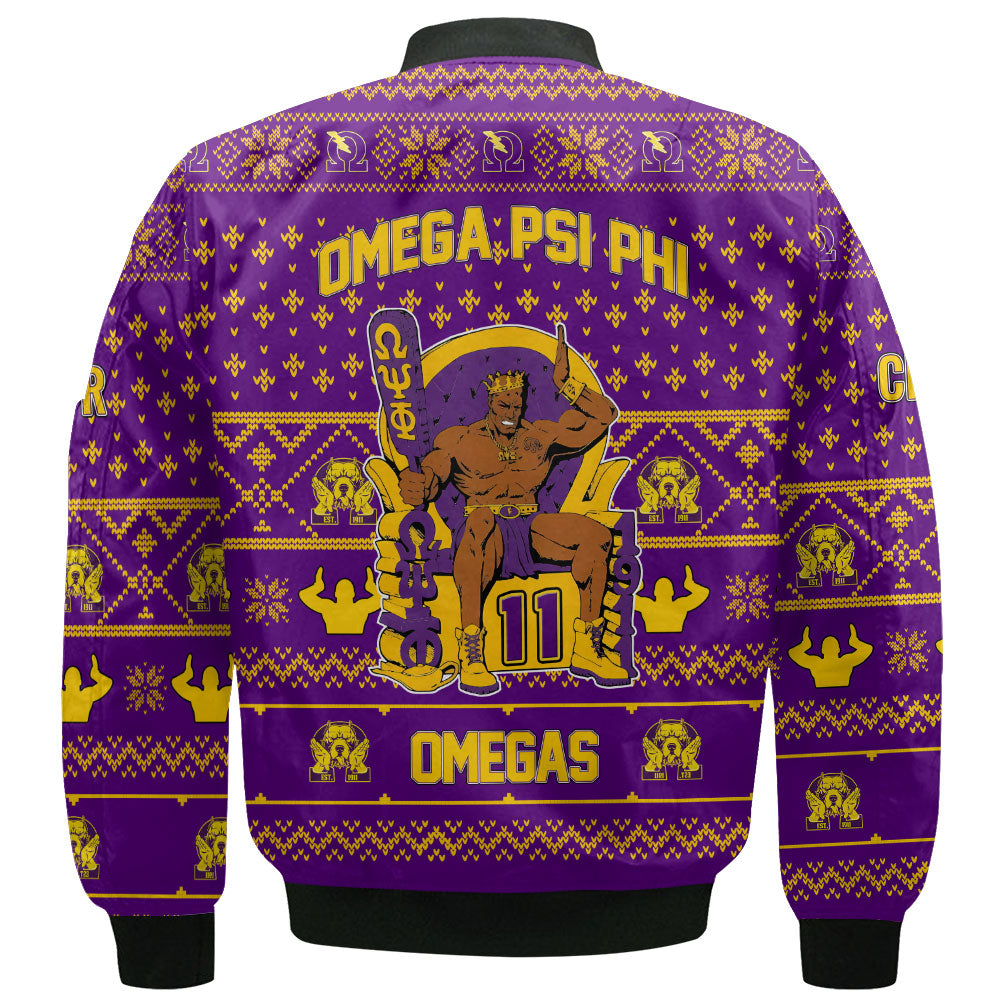 Personalized Omega Psi Phi Christmas Purple Bomber Jackets Omega Throne Style