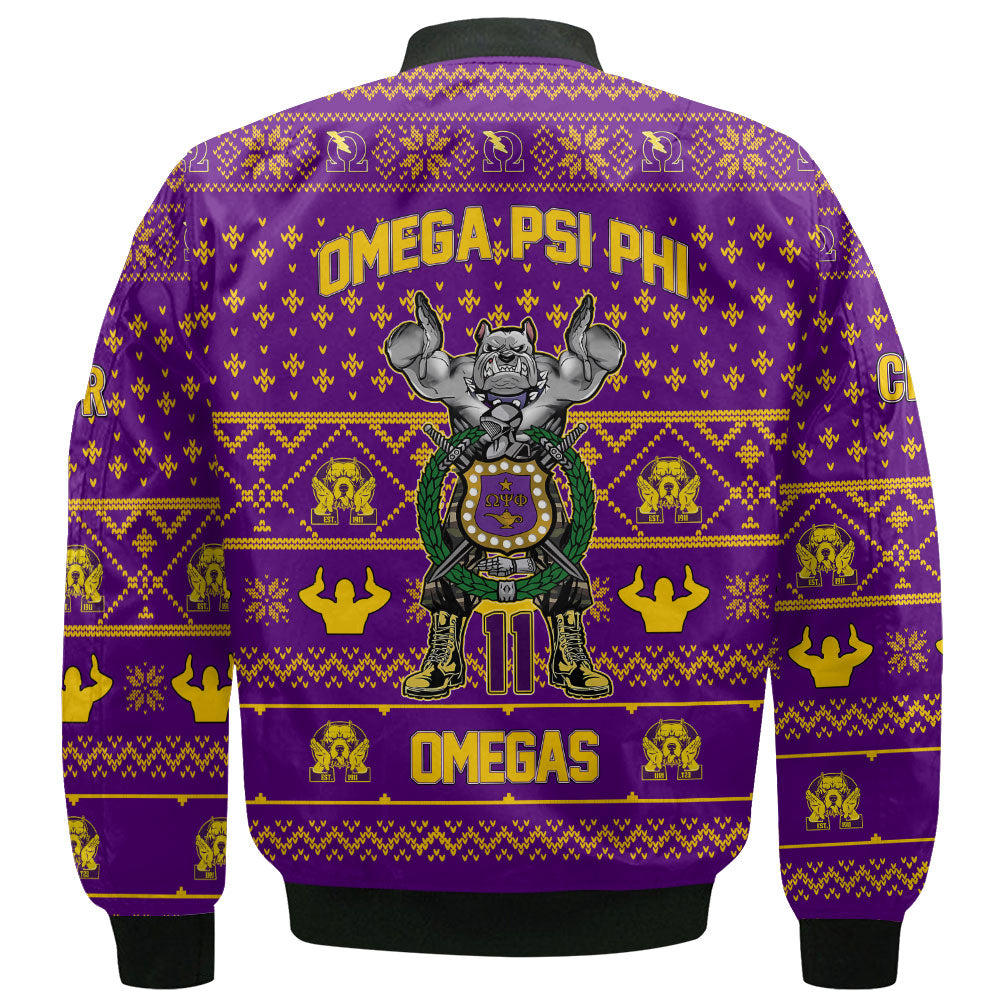 Personalized Omega Psi Phi Christmas Purple Bomber Jackets Strong Military Que Dogs Style