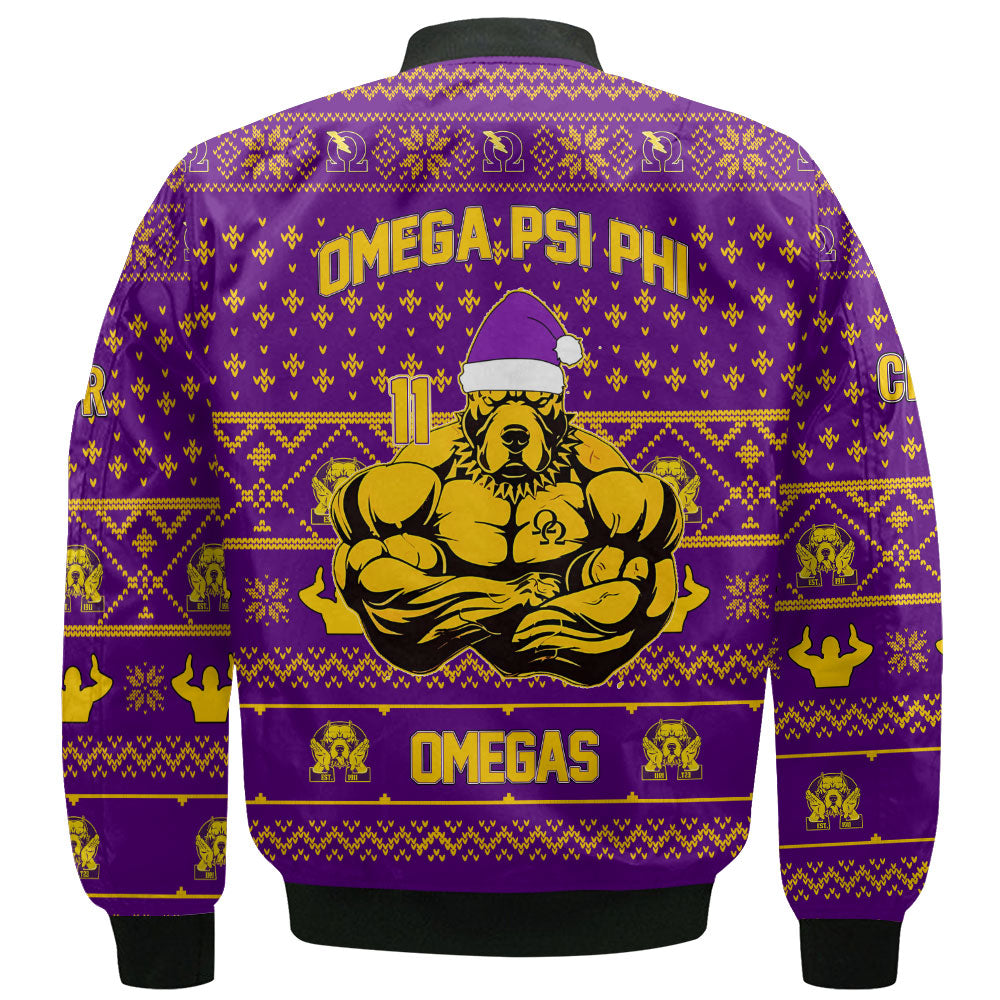 Personalized Omega Psi Phi Christmas Purple Bomber Jackets Strong Omega Bulldog Style