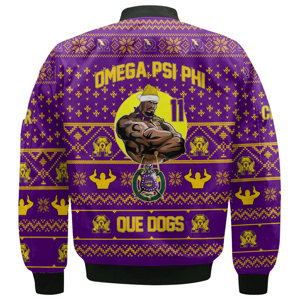 Personalized Omega Psi Phi Christmas Purple Bomber Jackets The Strong Omega Muscle Style