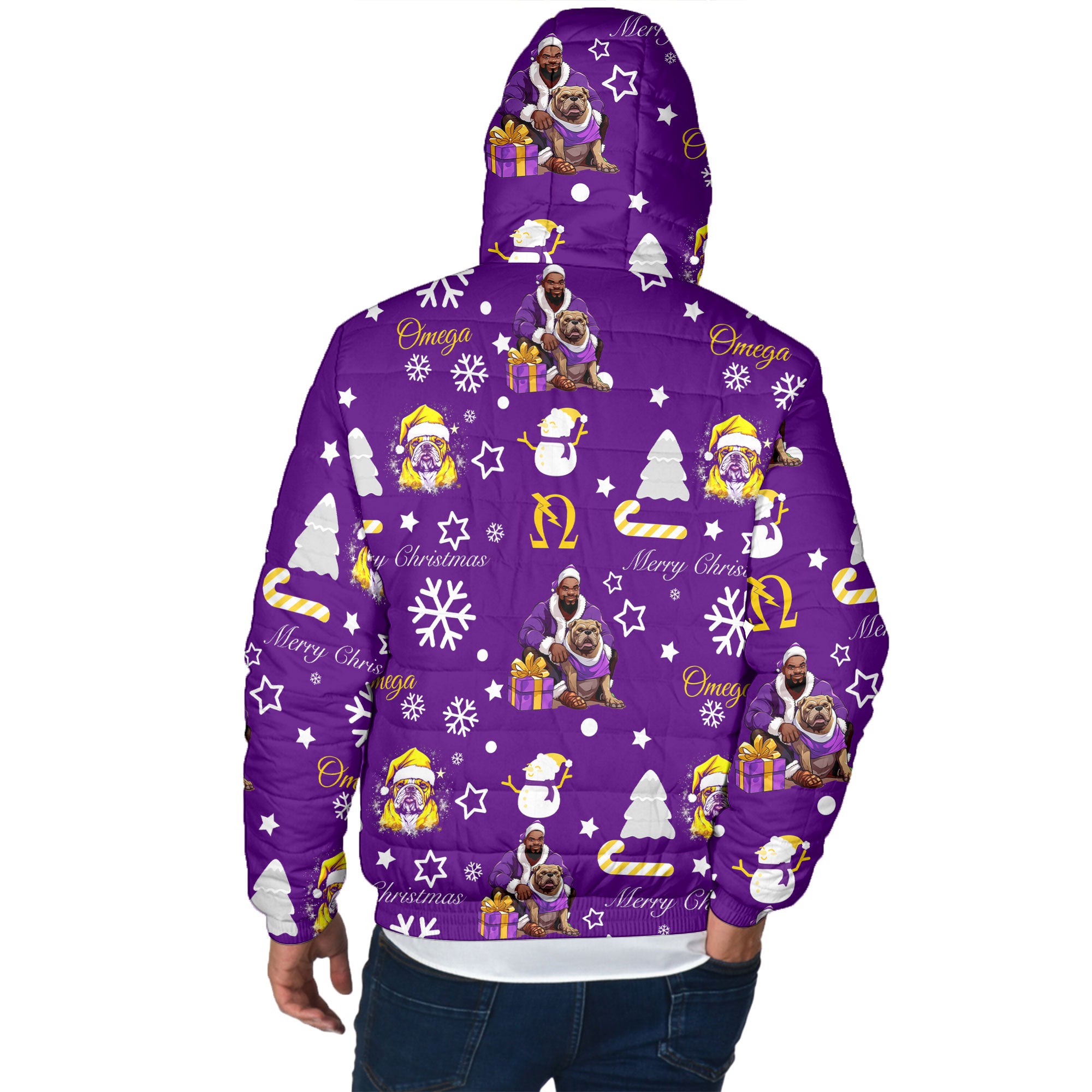 Fraternity Jacket - OPP Christmas Men Hooded Padded Jacket Bulldog Purple Pattern Style