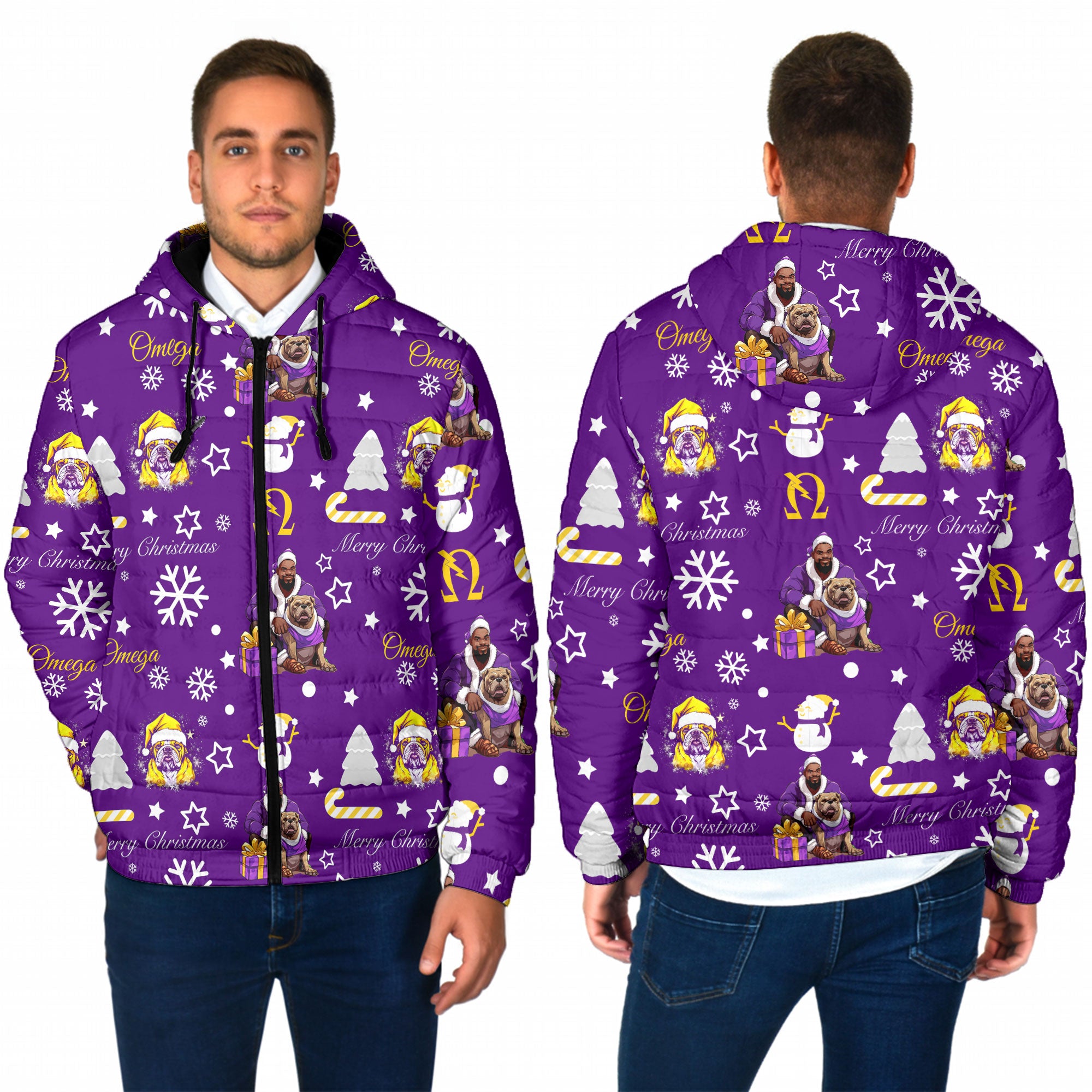 Fraternity Jacket - OPP Christmas Men Hooded Padded Jacket Bulldog Purple Pattern Style