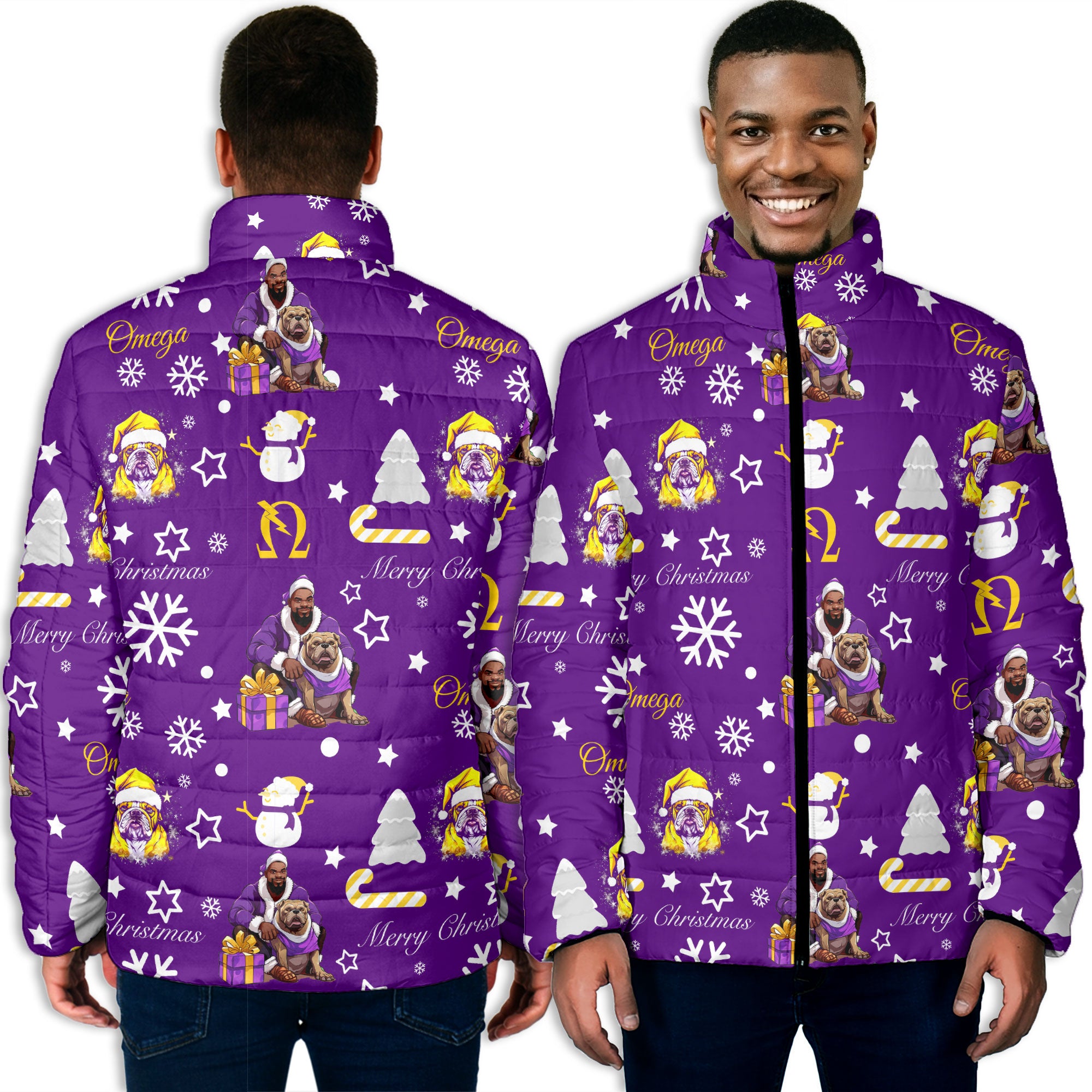 Fraternity Jacket - OPP Christmas Men Padded Jacket Bulldog Purple Pattern Style