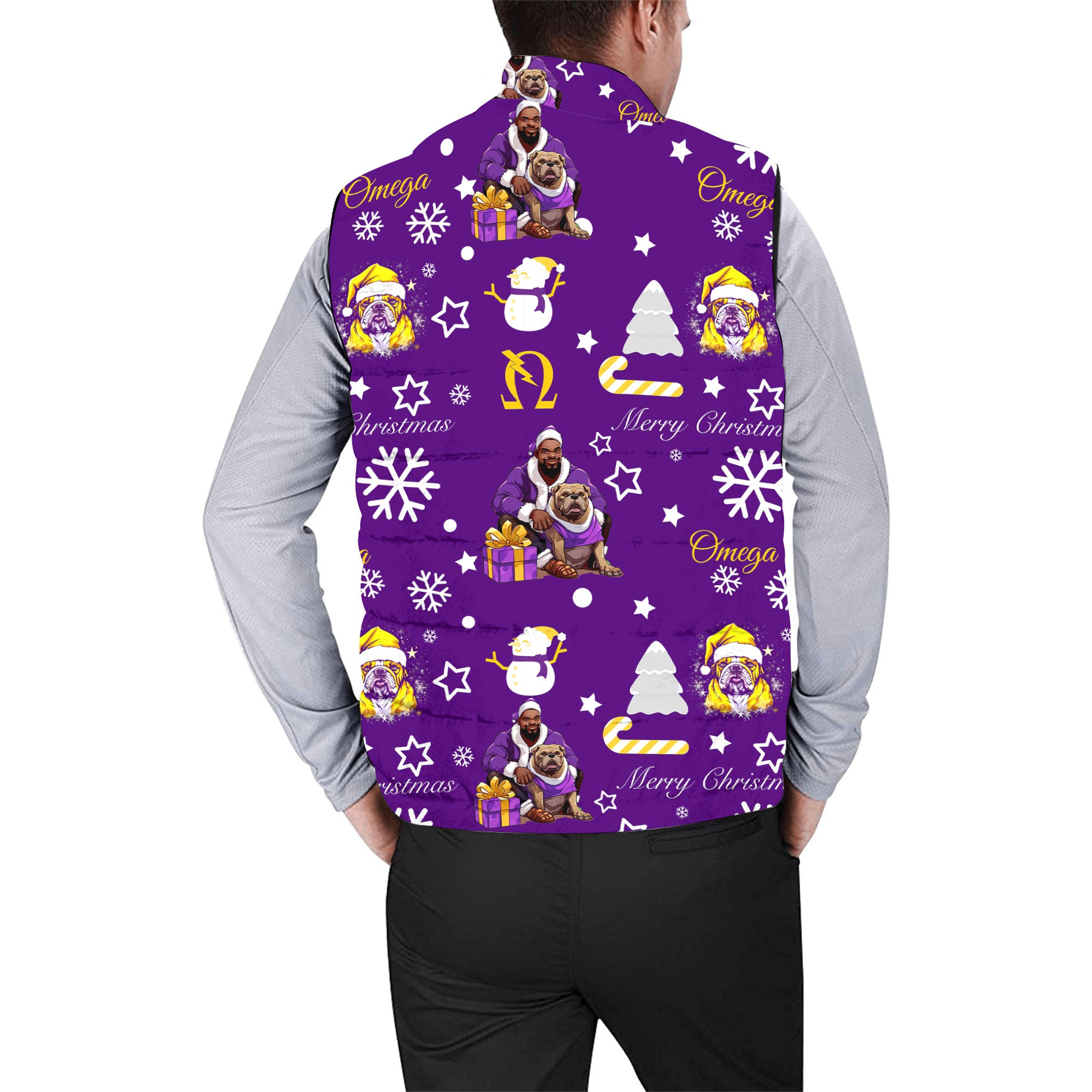 Fraternity Jacket - OPP Christmas Men Padded Jacket Vest Bulldog Purple Pattern Style