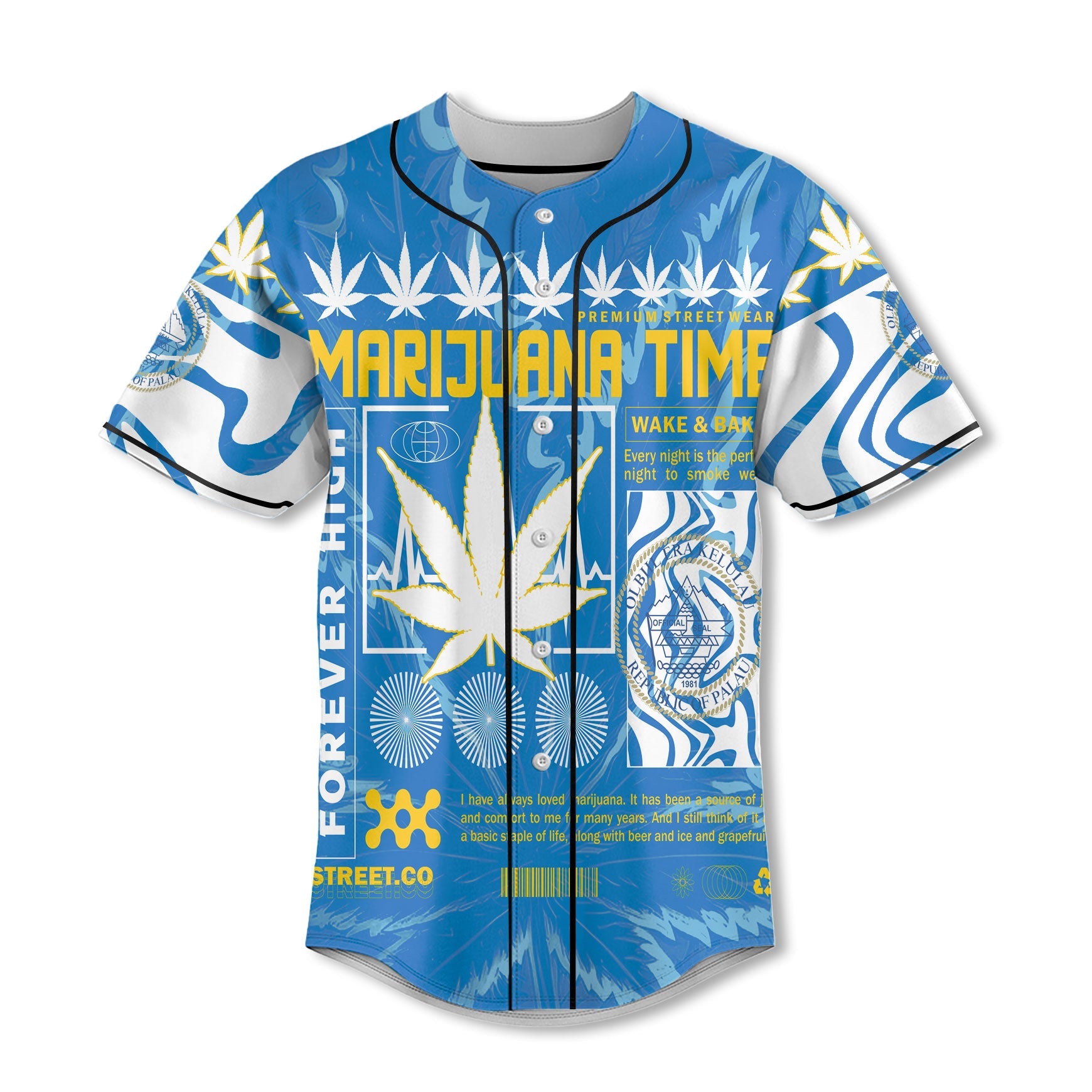 Palau Baseball Jersey Flag & Coat Of Arms Marijuanas Style