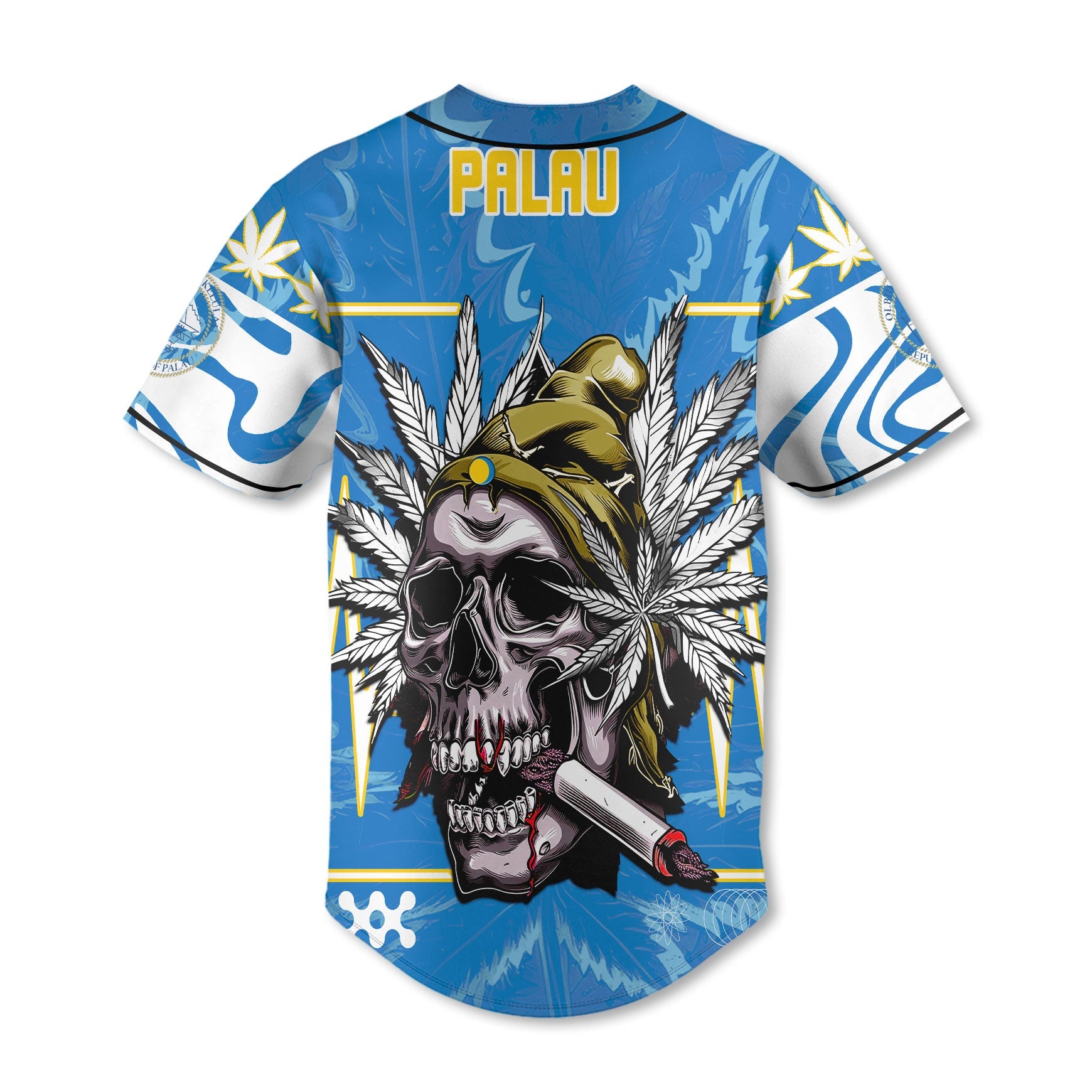 Palau Baseball Jersey Flag & Coat Of Arms Marijuanas Style