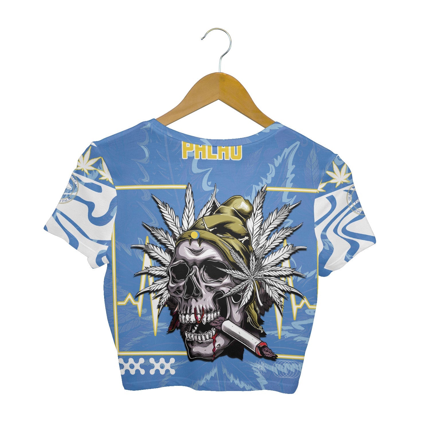 Palau Crop Top T Shirt Flag & Coat Of Arms Marijuanas Style