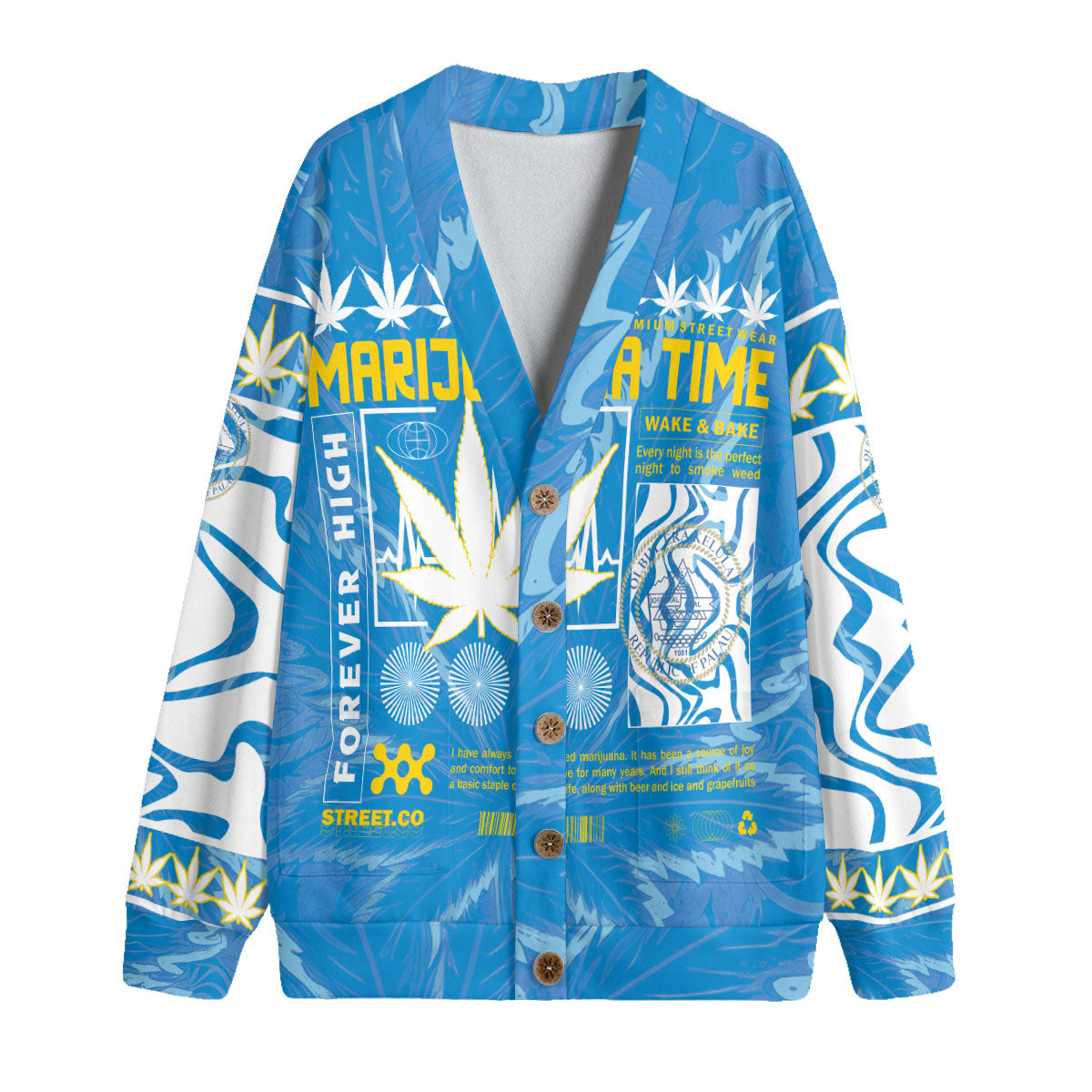 Palau Fleece Cardigan Flag & Coat Of Arms Marijuanas Style