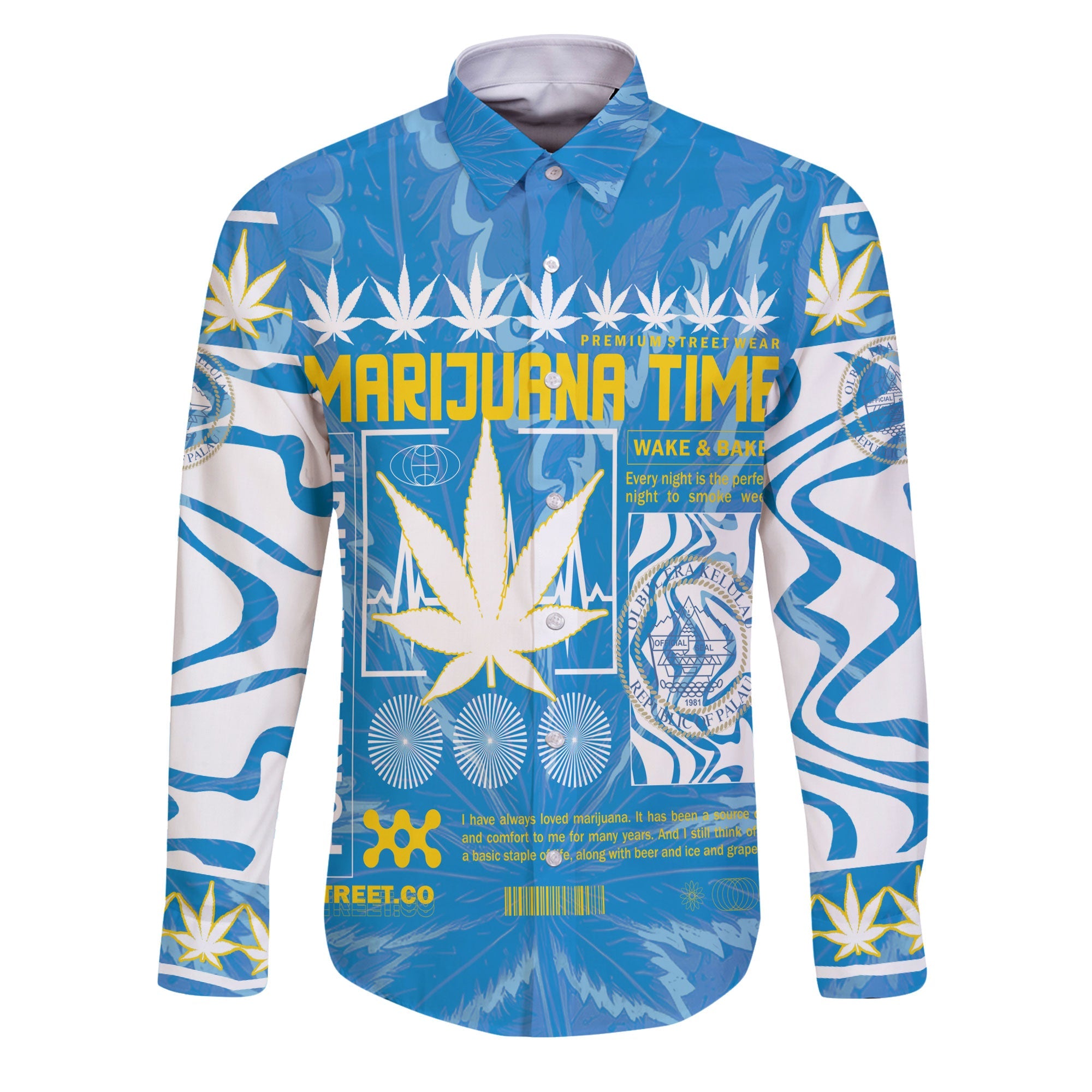 Palau Long Sleeve Button Shirt Flag & Coat Of Arms Marijuanas Style