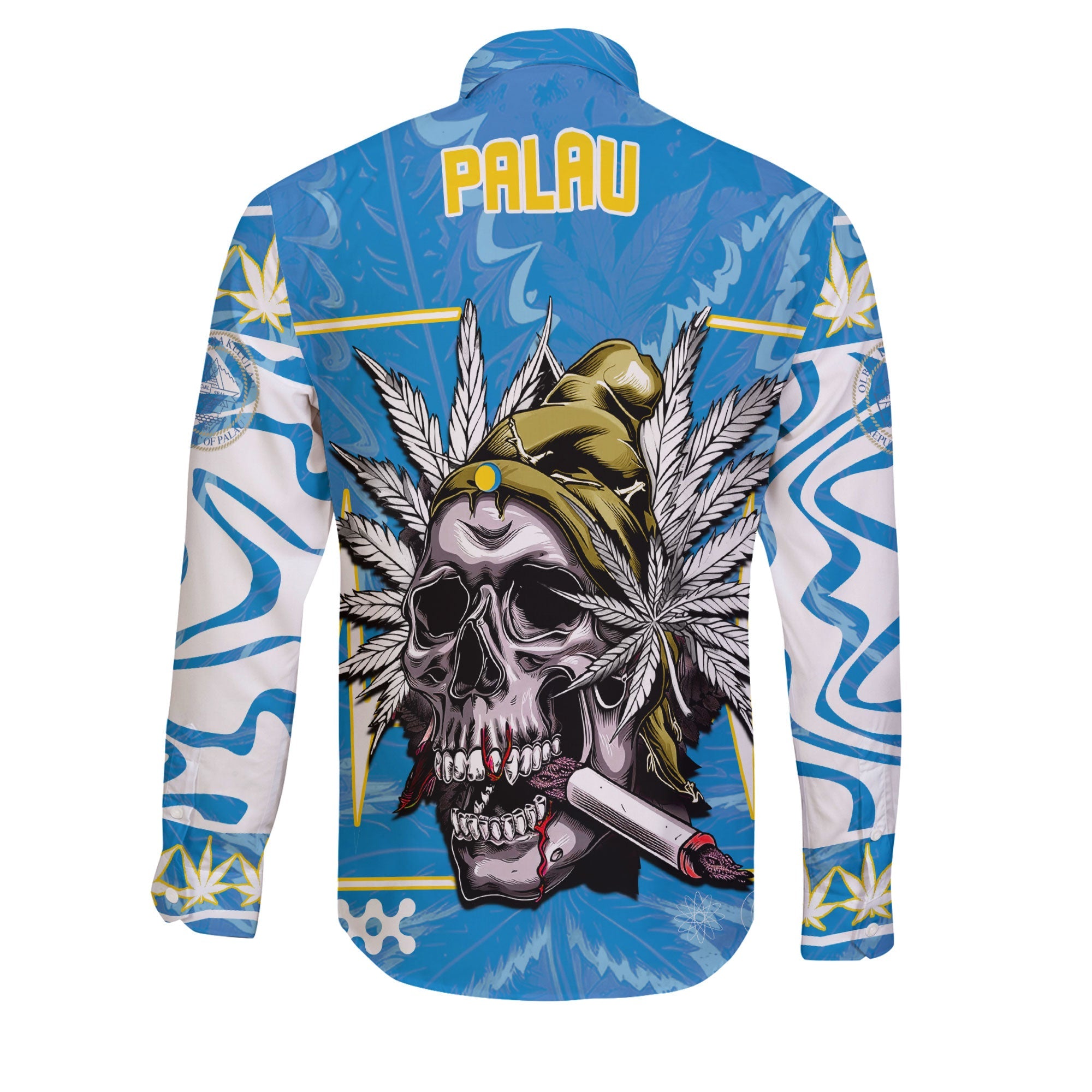 Palau Long Sleeve Button Shirt Flag & Coat Of Arms Marijuanas Style