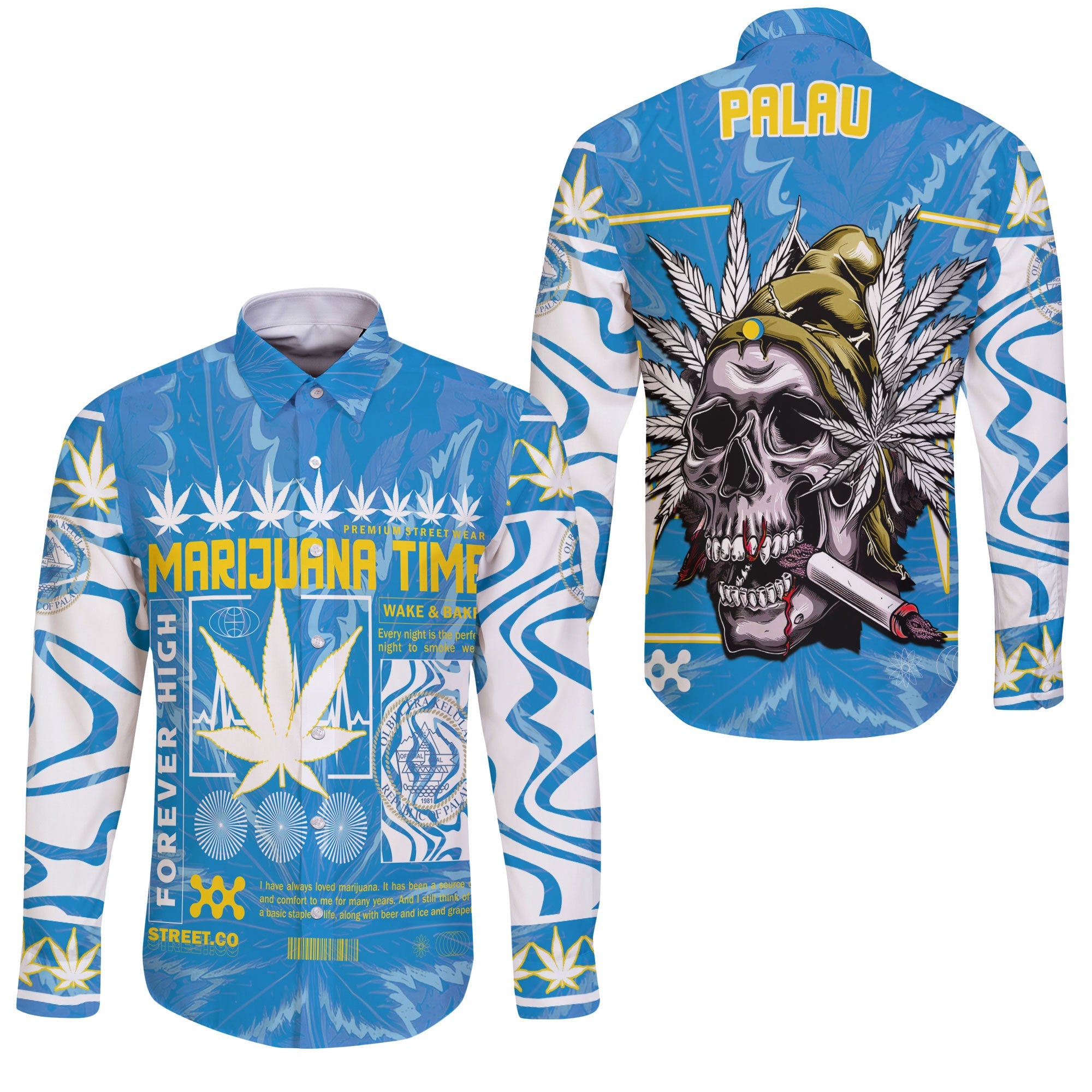 Palau Long Sleeve Button Shirt Flag & Coat Of Arms Marijuanas Style