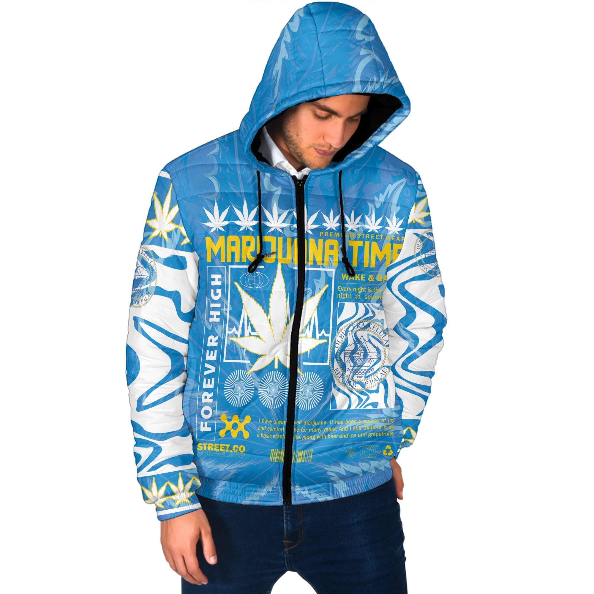 Palau Men Hooded Padded Jacket Flag & Coat Of Arms Marijuanas Style