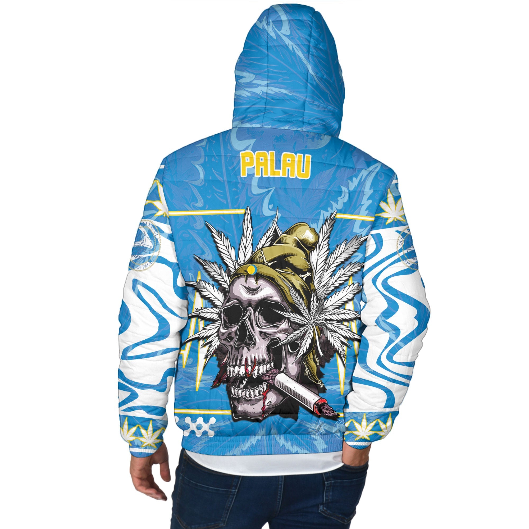 Palau Men Hooded Padded Jacket Flag & Coat Of Arms Marijuanas Style