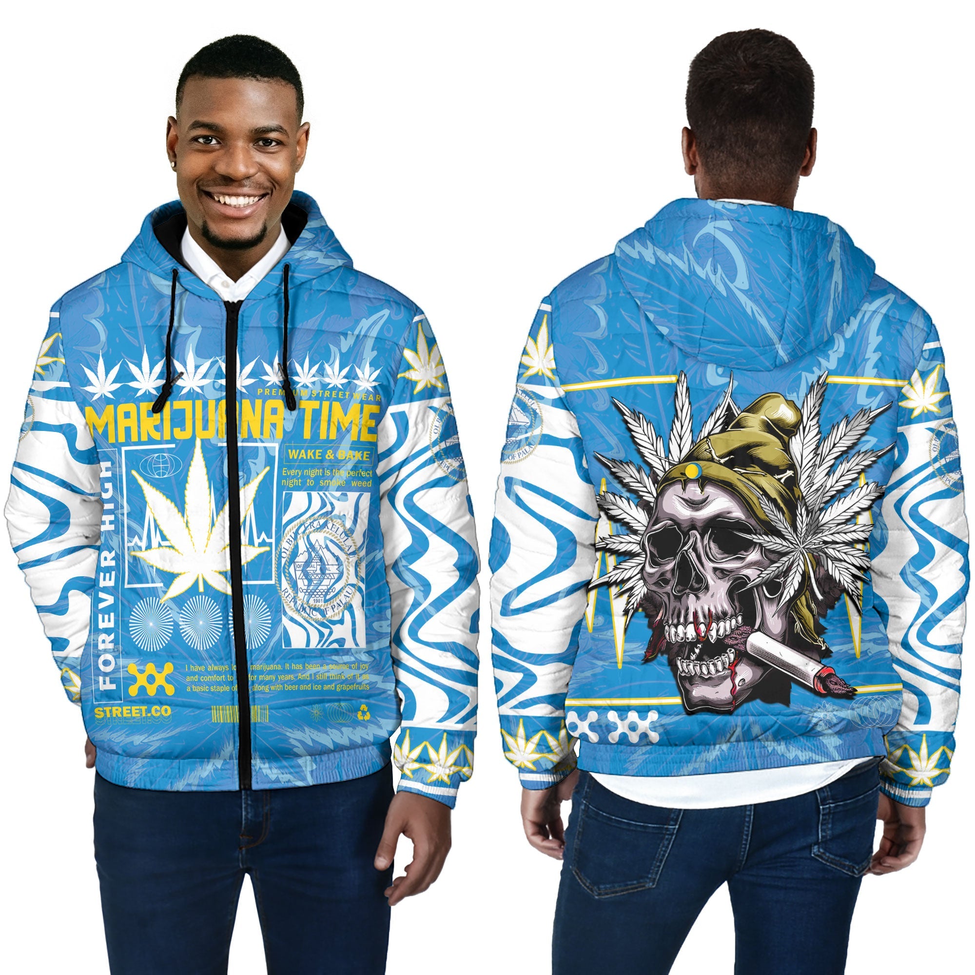 Palau Men Hooded Padded Jacket Flag & Coat Of Arms Marijuanas Style