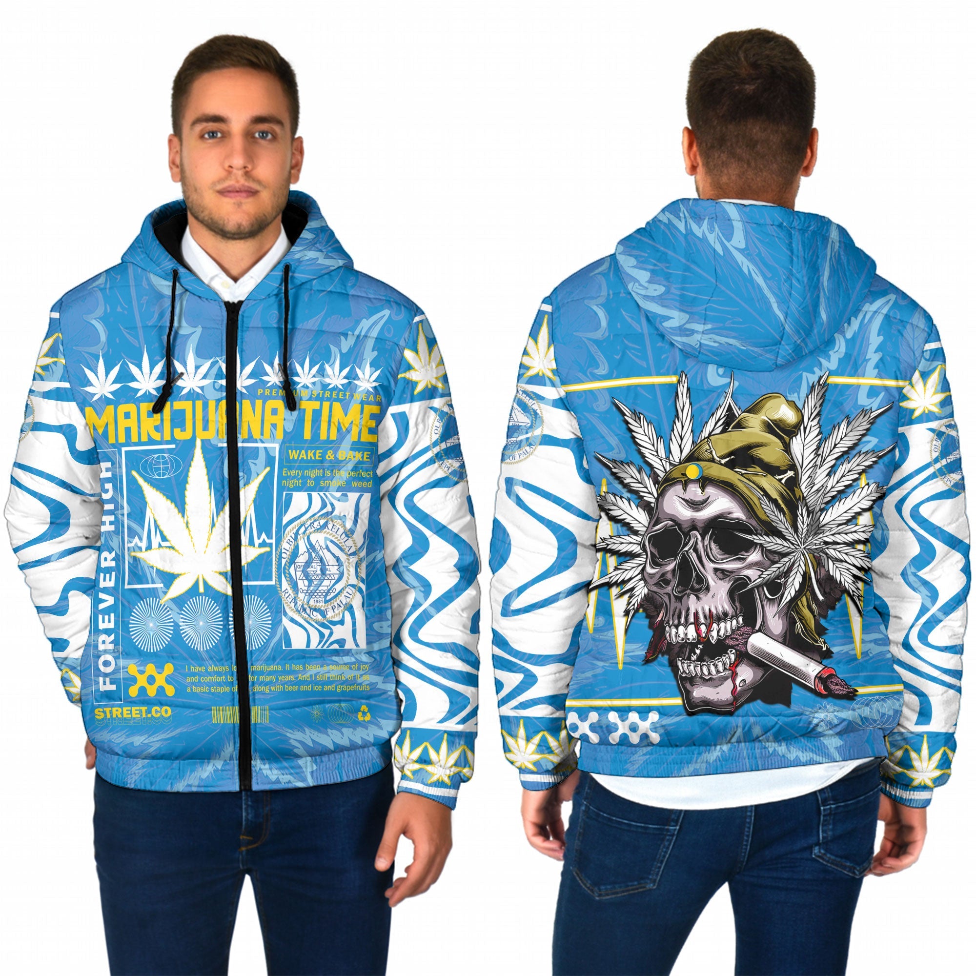 Palau Men Hooded Padded Jacket Flag & Coat Of Arms Marijuanas Style