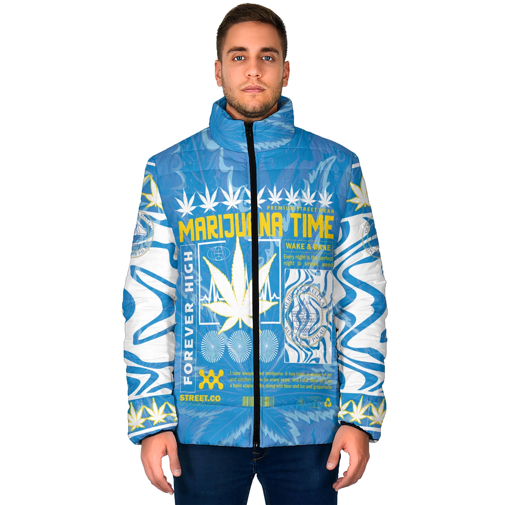 Palau Men Padded Jacket Flag & Coat Of Arms Marijuanas Style