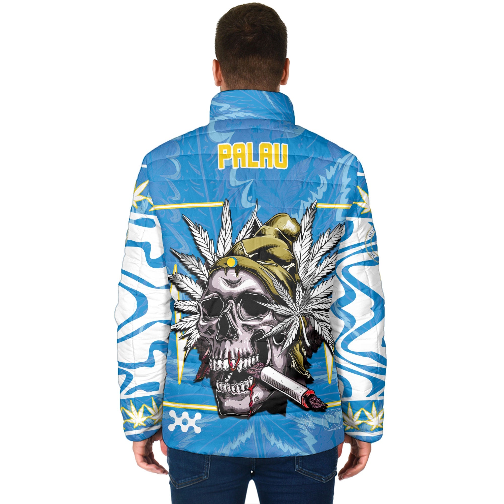 Palau Men Padded Jacket Flag & Coat Of Arms Marijuanas Style