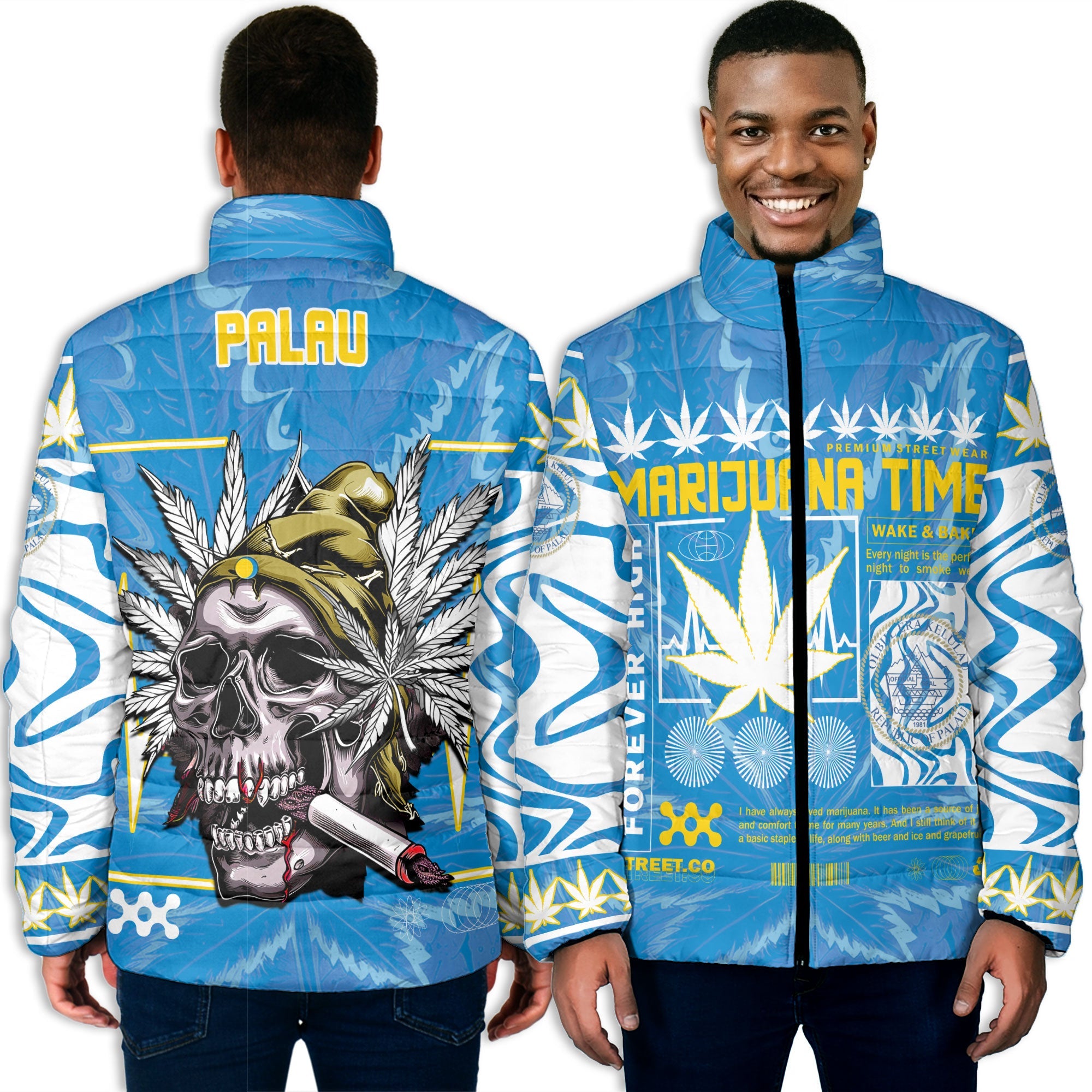 Palau Men Padded Jacket Flag & Coat Of Arms Marijuanas Style