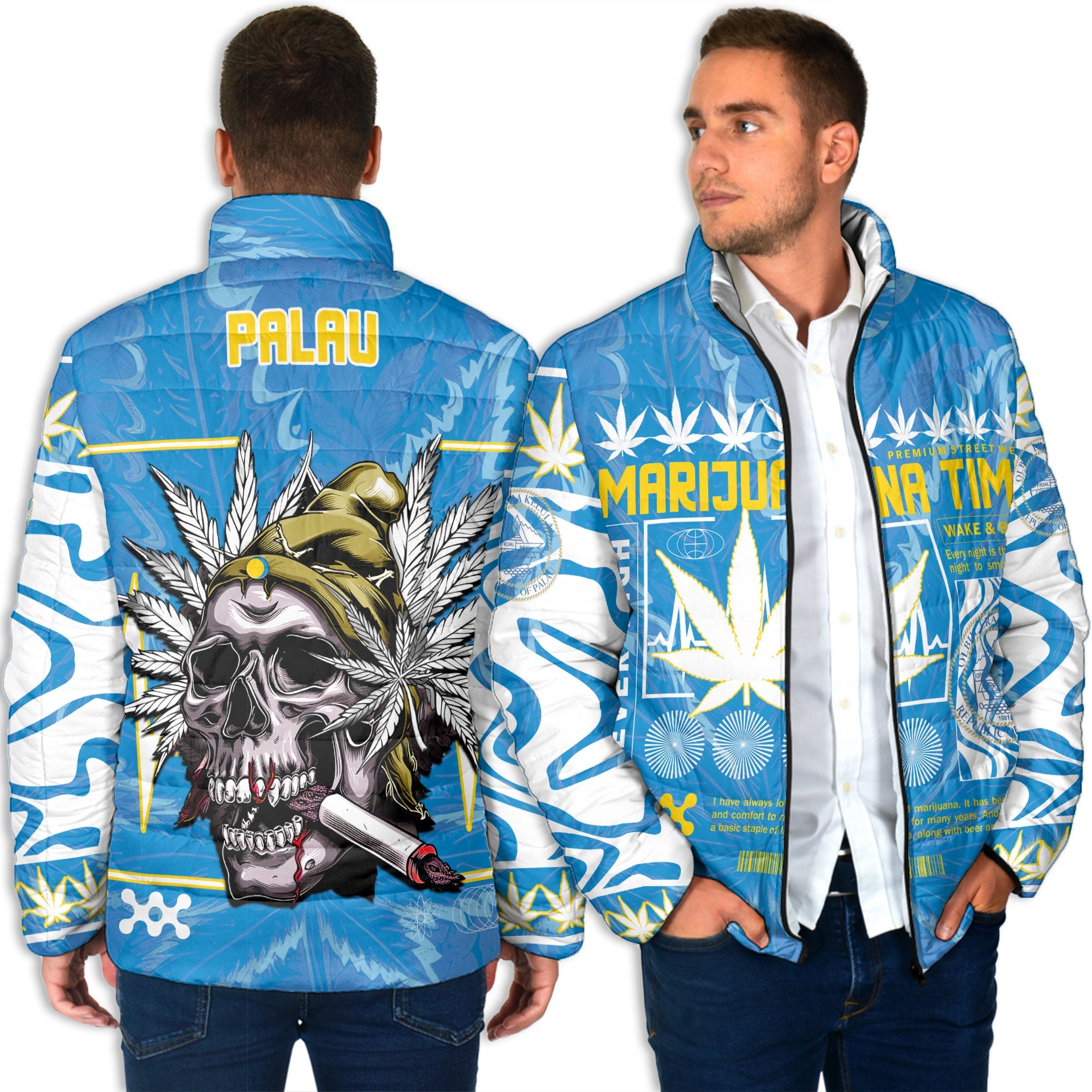 Palau Men Padded Jacket Flag & Coat Of Arms Marijuanas Style