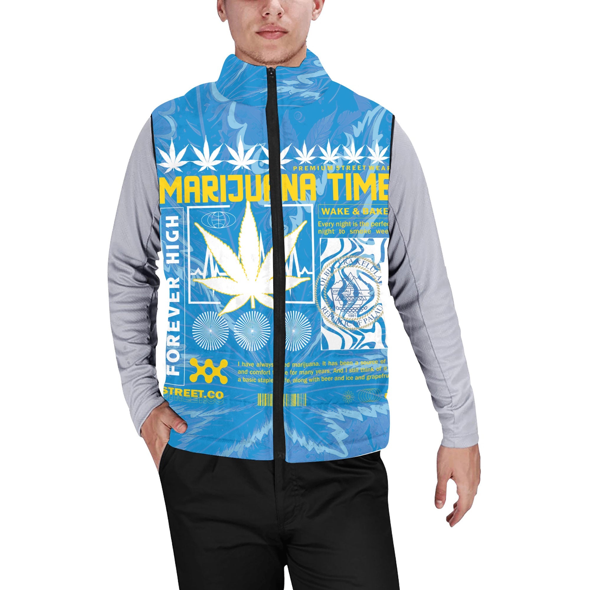 Palau Men Padded Jacket Vest Flag & Coat Of Arms Marijuanas Style