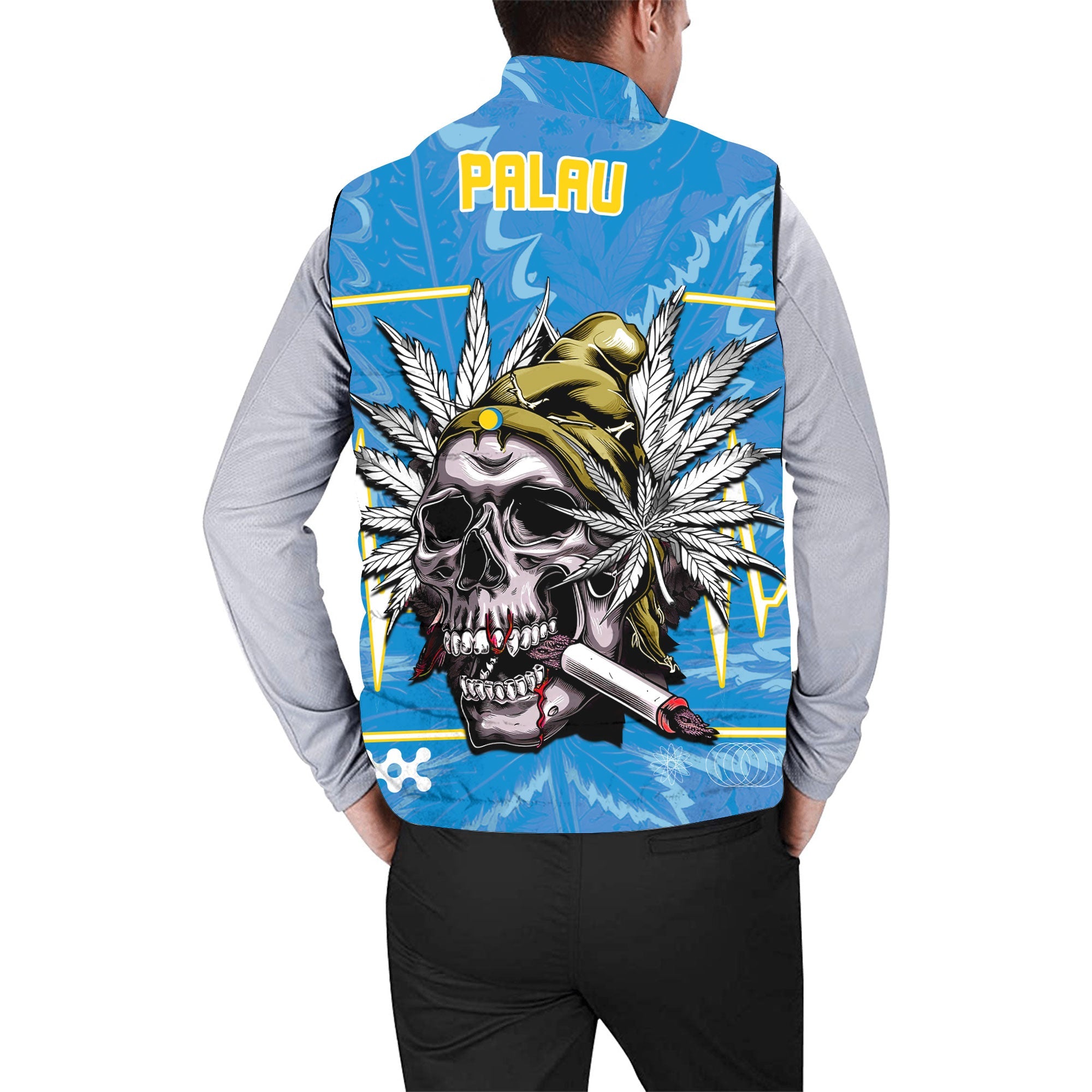 Palau Men Padded Jacket Vest Flag & Coat Of Arms Marijuanas Style