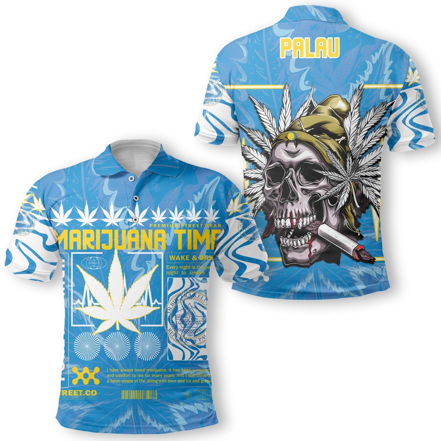 Palau Polo Shirt Flag & Coat Of Arms Marijuanas Style