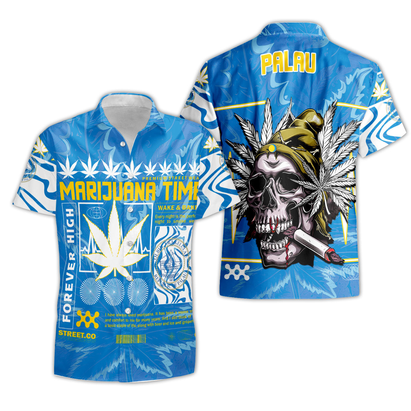 Palau Short Sleeve Shirt Flag & Coat Of Arms Marijuanas Style