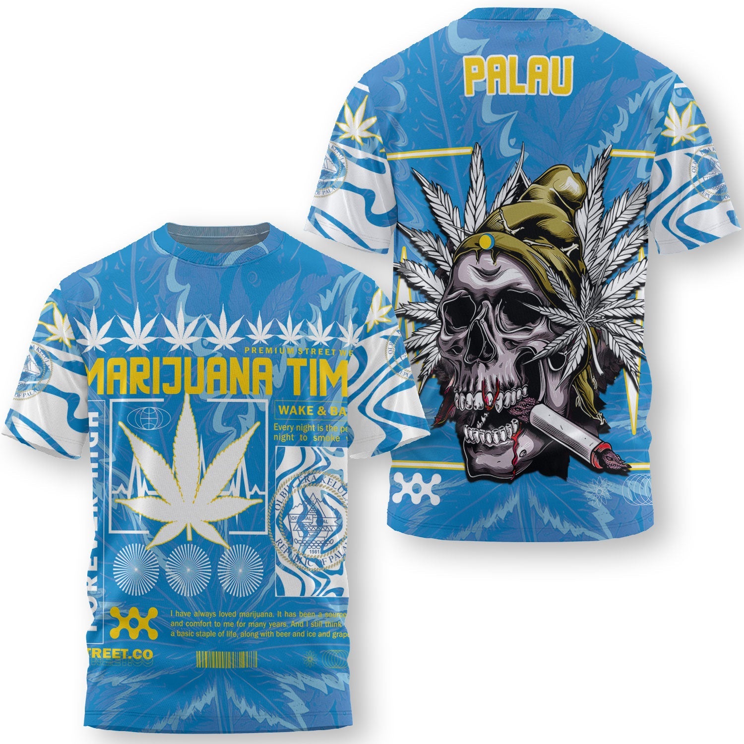 Palau T Shirt Flag & Coat Of Arms Marijuanas Style