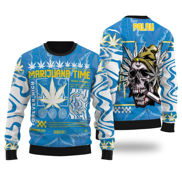 Palau Ugly Sweater Flag & Coat Of Arms Marijuanas Style