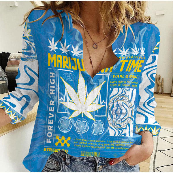 Palau Women Casual Shirt Flag & Coat Of Arms Marijuanas Style