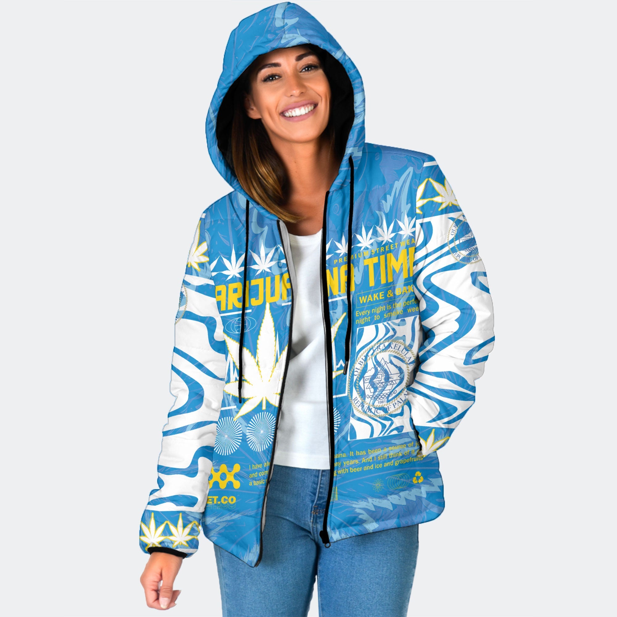 Palau Women Hooded Padded Jacket Flag & Coat Of Arms Marijuanas Style