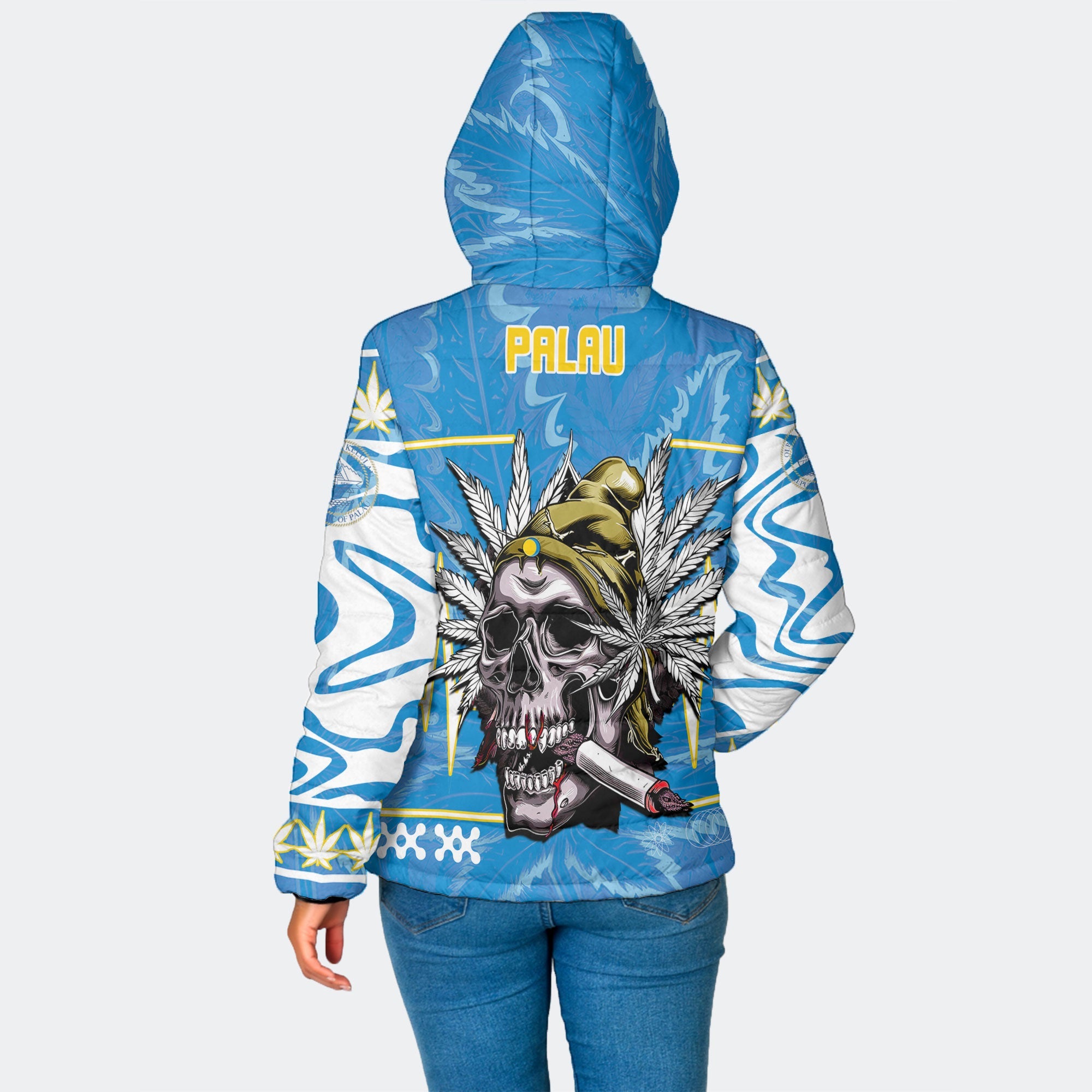 Palau Women Hooded Padded Jacket Flag & Coat Of Arms Marijuanas Style